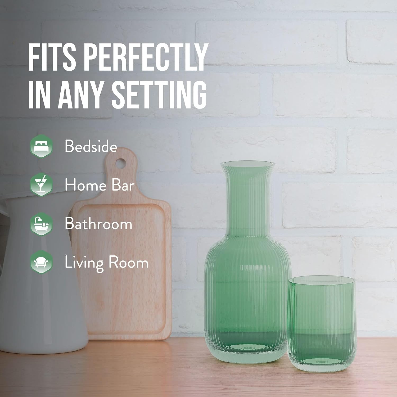 American Atelier 28 oz Bedside Water Carafe with Tumbler – 9" Ribbed Glass Pitcher with Cup Lid for Nightstand, Guest Room, Office, Bathroom, Stylish & Functional Drinkware (Green)