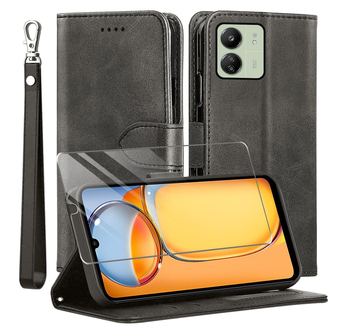 TTYSHTT for Xiaomi Redmi 13C Case and 1 Tempered Glass Screen Protector, Leather Wallet Phone Case with Card Slots Magnetic Closure Kickstand Protective Cover for Xiaomi Poco C65 - Black