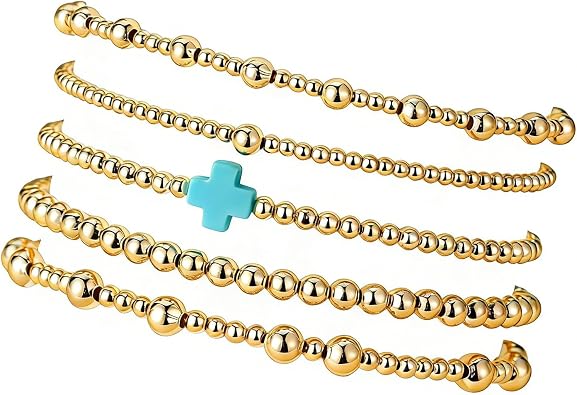 Gold Beaded Bracelets Set for Women Waterproof, 14k Gold-Plated Dainty Round Bead Cross Pearl Bracelet Beaded Non Tarnish Stretch Bracelet for Christmas Stockings Gifts Stackable Bracelet