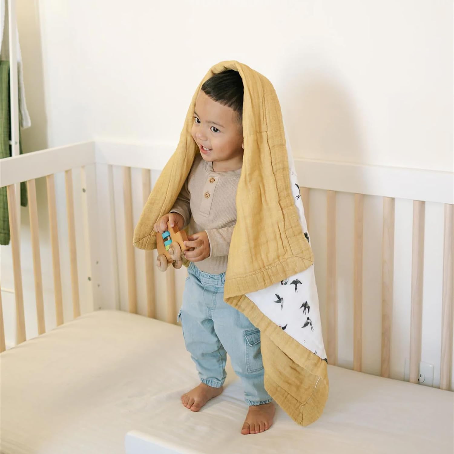Little Unicorn 100% Certified Organic Newborn Receiving Quilt | Ultra- Soft, Multi-Layered Muslin Fabric | Gift for Newborns & on-The-go (Swallows)
