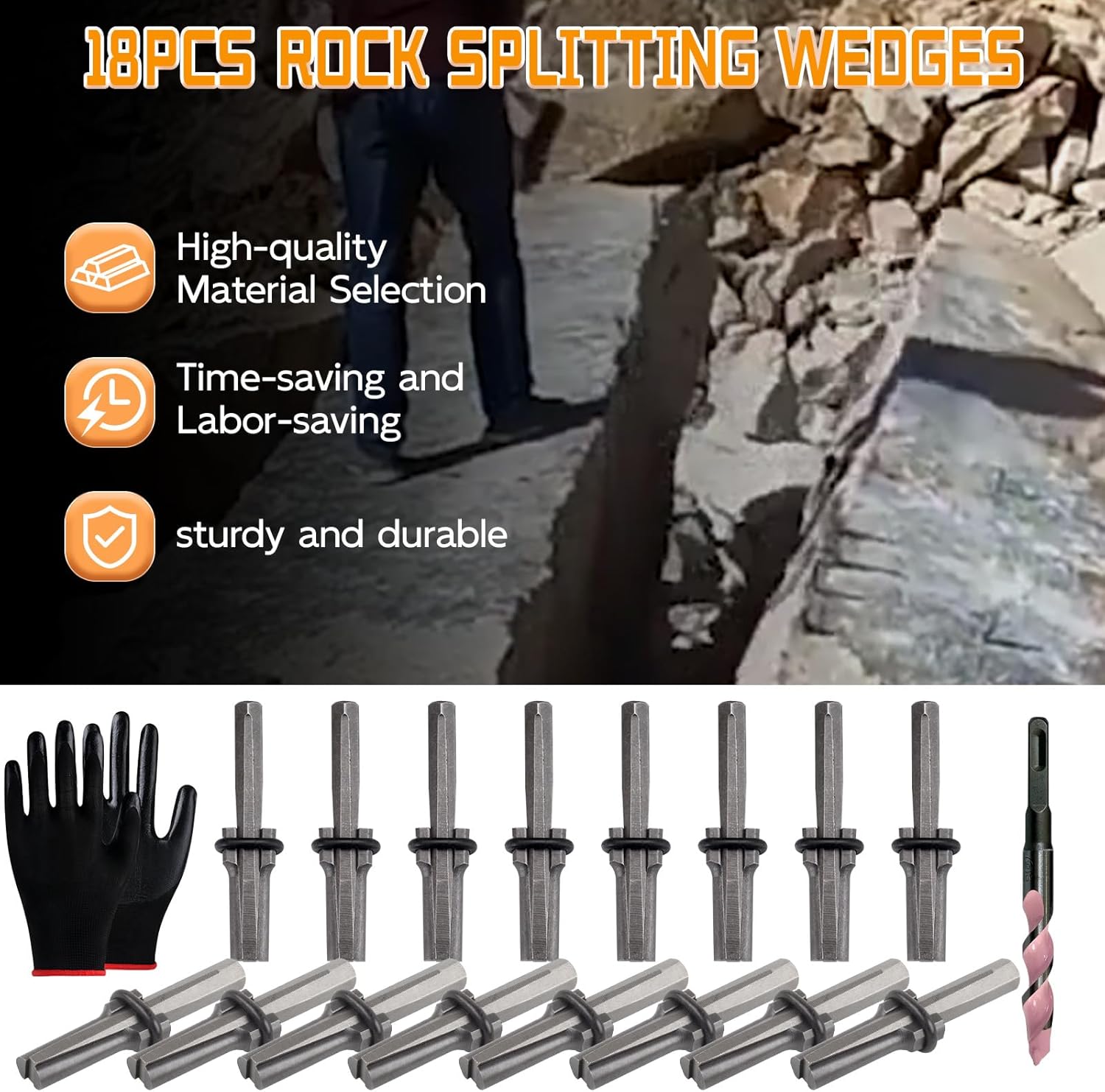 16 Pieces 5/8 inch Rock Splitting Wedges and Feathers Set, with Drill Bit and Gloves,Heavy Duty Chisel and Feather Stone Splitting Tools Rock Hounding Equipment for Marble Rocks Concrete Granite