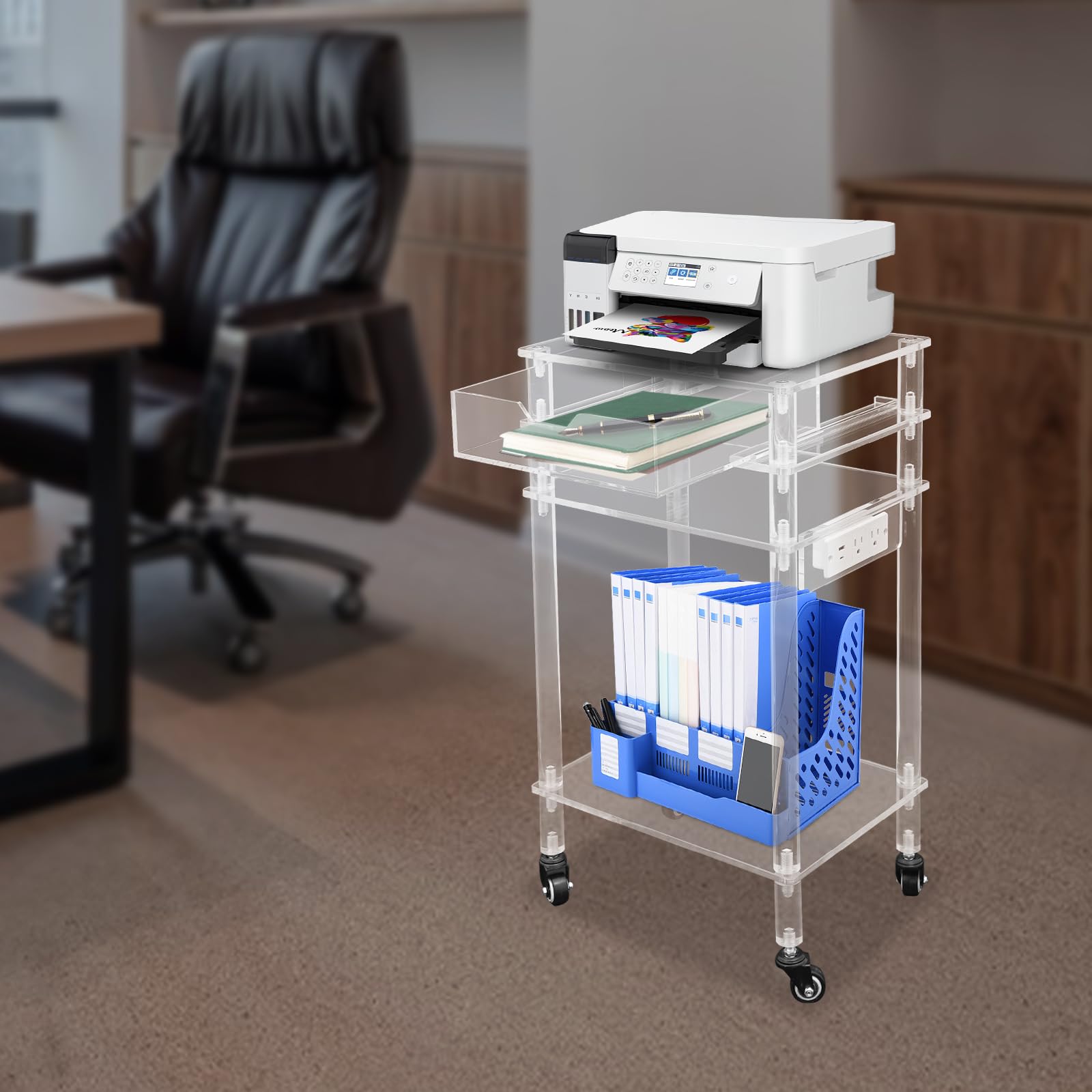Support d'imprimante moderne en acrylique transparent avec ports USB, table d'imprimante multifonction avec roues et tiroir pour la maison, le bureau, le salon, la chambre à coucher