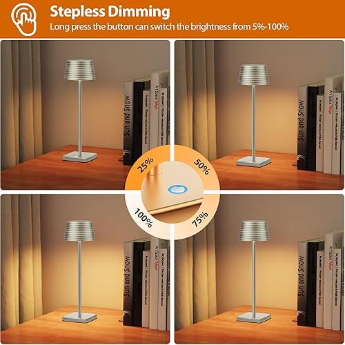 Miniatura 2 de Lámpara de mesa inalámbrica recargable, batería de 6000 mAh, carcasa de aluminio de metal, lámpara de escritorio portátil LED USB, 3 niveles de