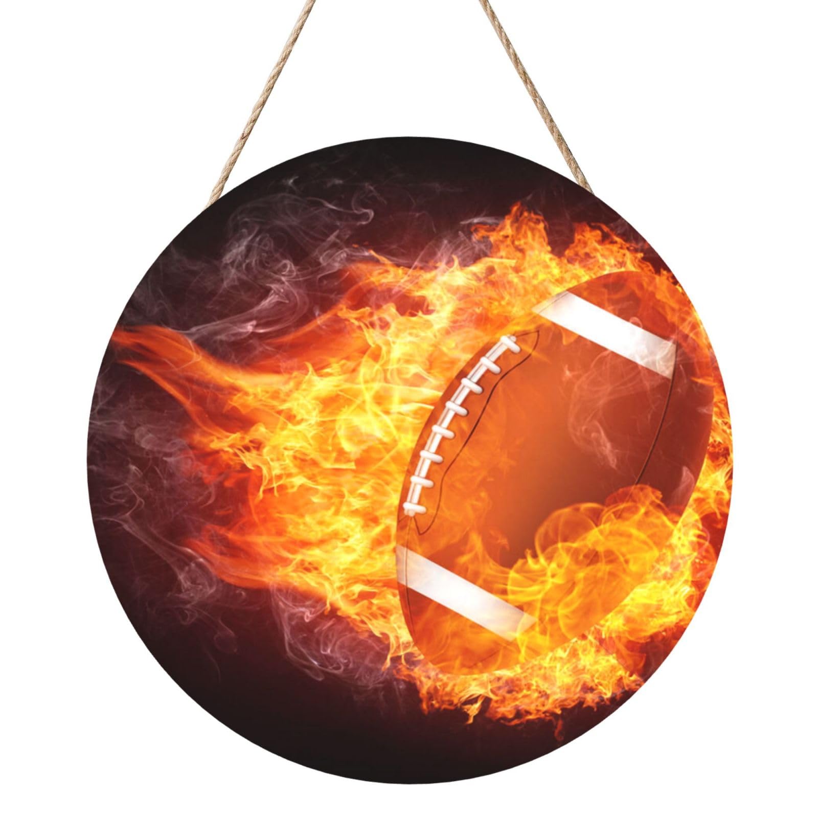 InOmak American Football In Fire, Round Wood Panel Painting 12 in, Wall Hanging Painting For Home