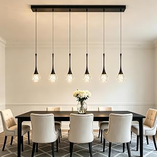 6-Light Crystal Modern Chandelier, Dimmable LED Bubble Raindrop Rectangle Black Pendant Lighting Fixture, Luxury Elegant Adjustable Spiral Ceiling Light for Staircase Foyer Entryway