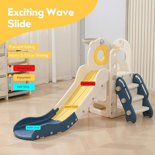 Miniatura 2 de Tobogán independiente para niños pequeños, 5 en 1, juego de interior para niños pequeños de 1 a 3 años, tobogán en forma de L con aro de baloncesto,
