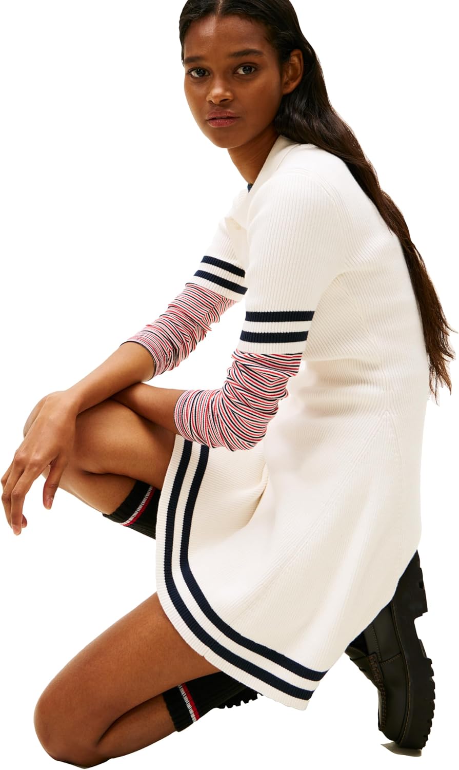 Tommy Jeans Women's Short Sleeve Sweater Polo Mini Dress with Embroidered Logo