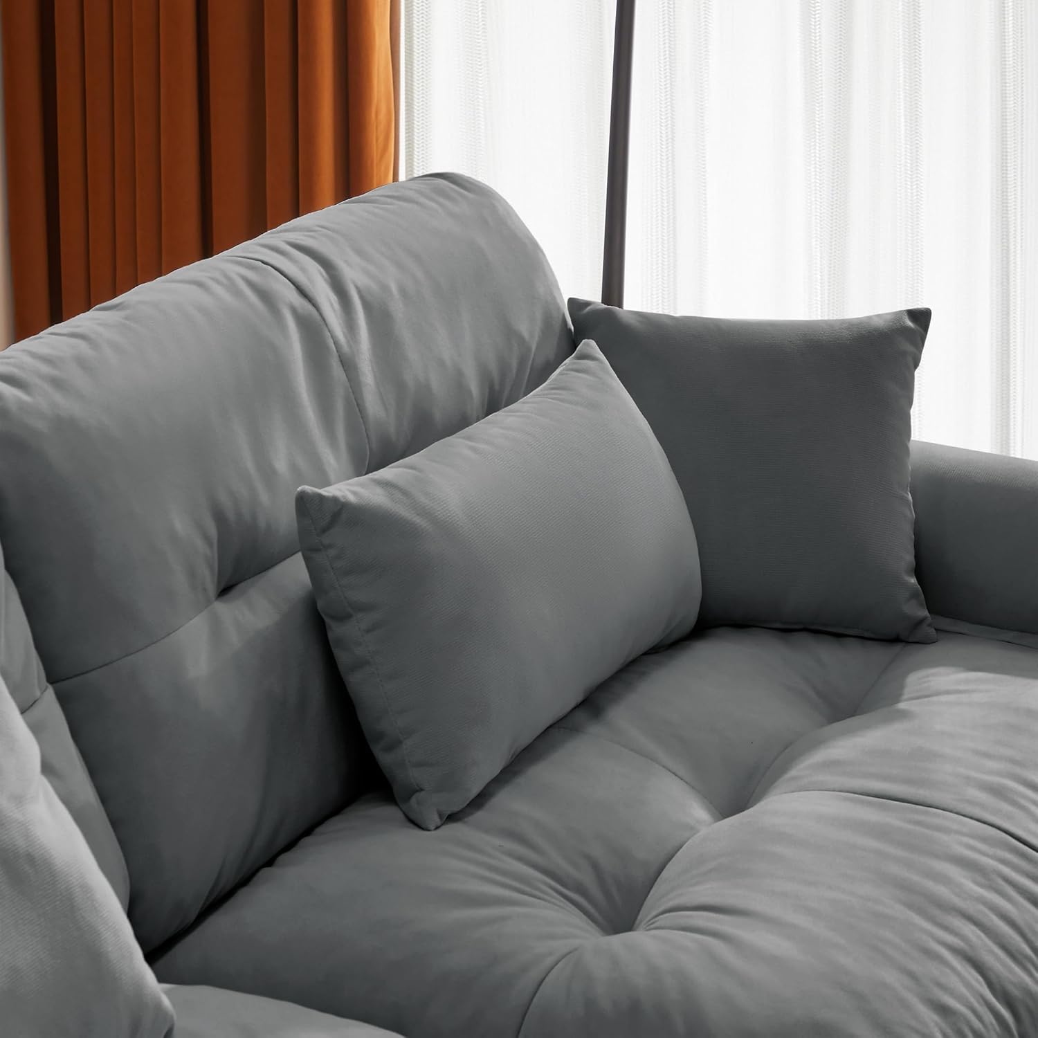 Oversized Velvet Loveseat, Grey 2-Seater Sofa with Bolster Armrests and Pillows for Living Room