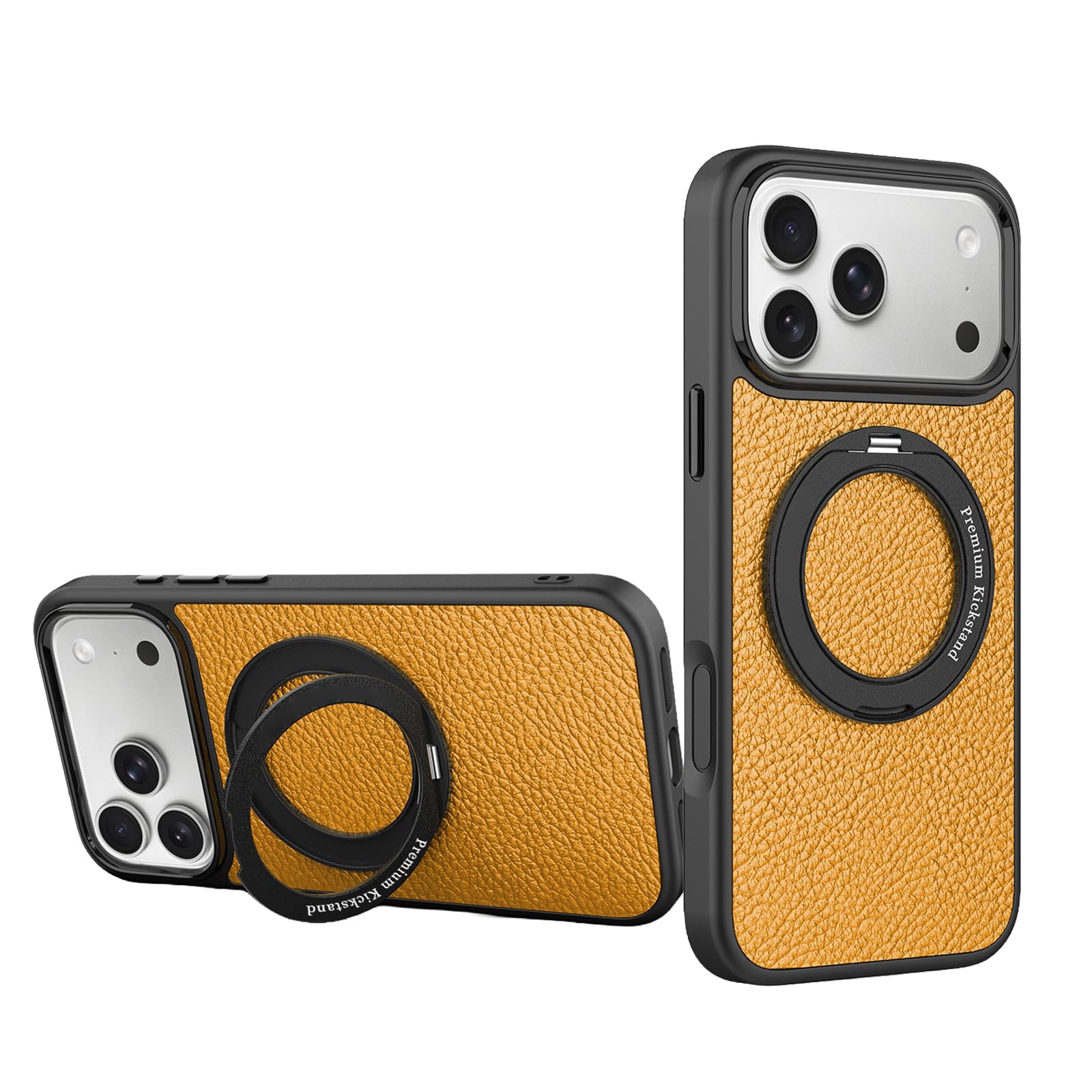 Housse iPhone 17 Pro support réglable coque cuir mince marron étui