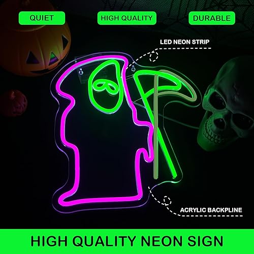 Miniatura 7 de Letrero LED de neón de calavera para decoración de pared, letreros de luces de neón de esqueleto verde con alimentación USB para dormitorio, fiesta
