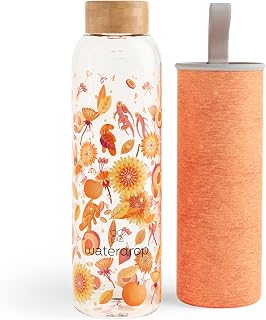 waterdrop® Edition Glass Bottle 600ml leakproof | BPA free Water Bottle | Glass Water Bottle with Bamboo Lid and Neoprene Protection Sleeve, Glass Drinking Bottle | Sustainable Borosilicate Glass