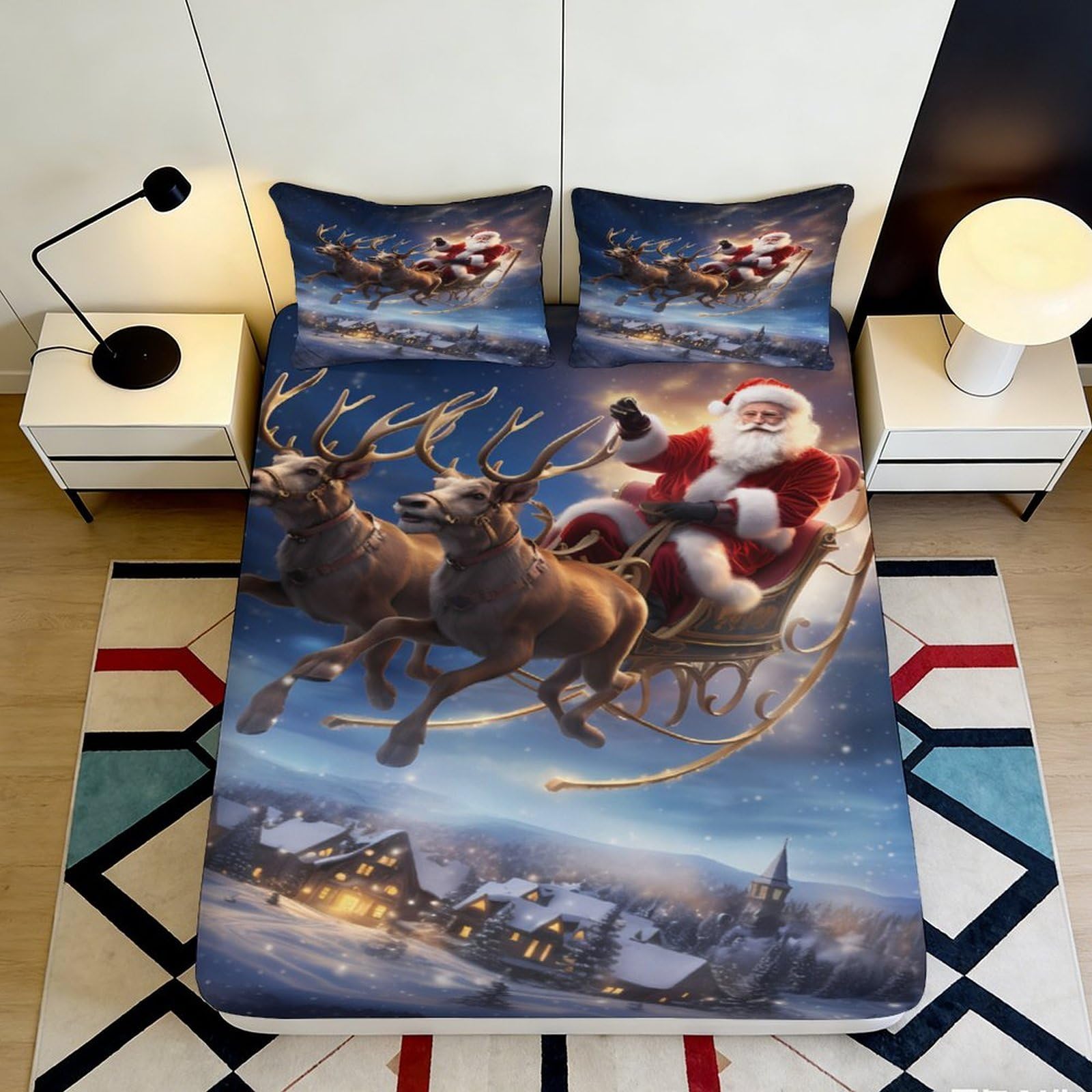 Decorative Santa Sleigh Fitted Sheet, 3D Printed Christmas Bed Cover, Microfiber Soft Touch, Home Bedroom Apartment Bedding, Wrinkle Resistant, 118 chars 90x200x25cm