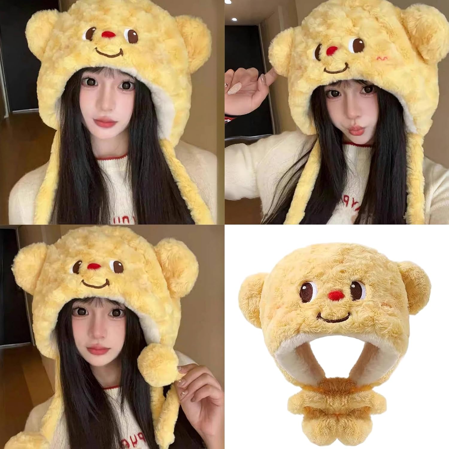 Winter Warm Plush Earflap Hat for Various Age Lovely Thick Bear Outdoor Activity Caps Windproof Trapper Headwear Furry Earfla Multicolor