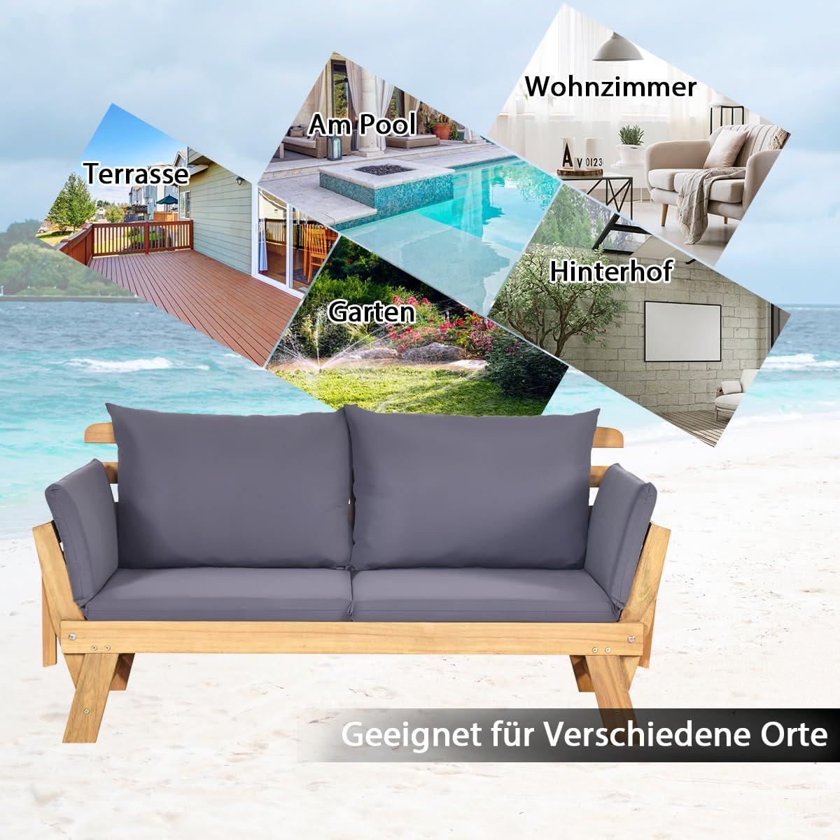 COSTWAY Gartenbank mit Liegefunktion, Gartensofa mit Auflagen und klappbaren Armlehne, Balkonbank aus Akazienholz, Balkonsofa, Gartencouch für Garten, Terrasse, Balkon, 198 x 75 x 75 cm (Grau)