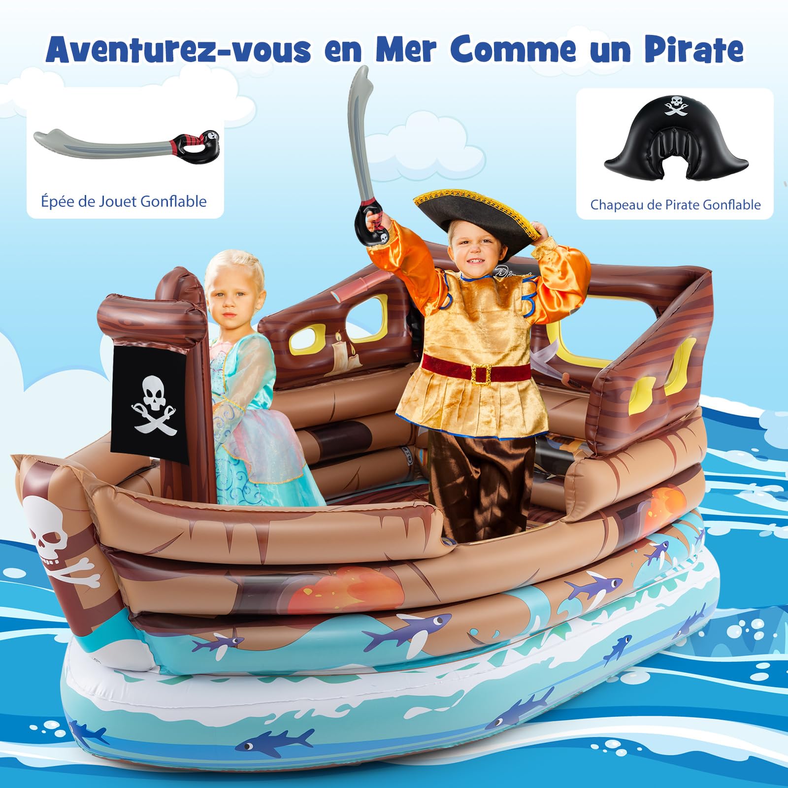 Bateau Pirate Gonflable DREAMADE – Avec Moteur Intégré – épée Et Chapeau Inclus – 203x138x111 Cm – Dès 3 Ans