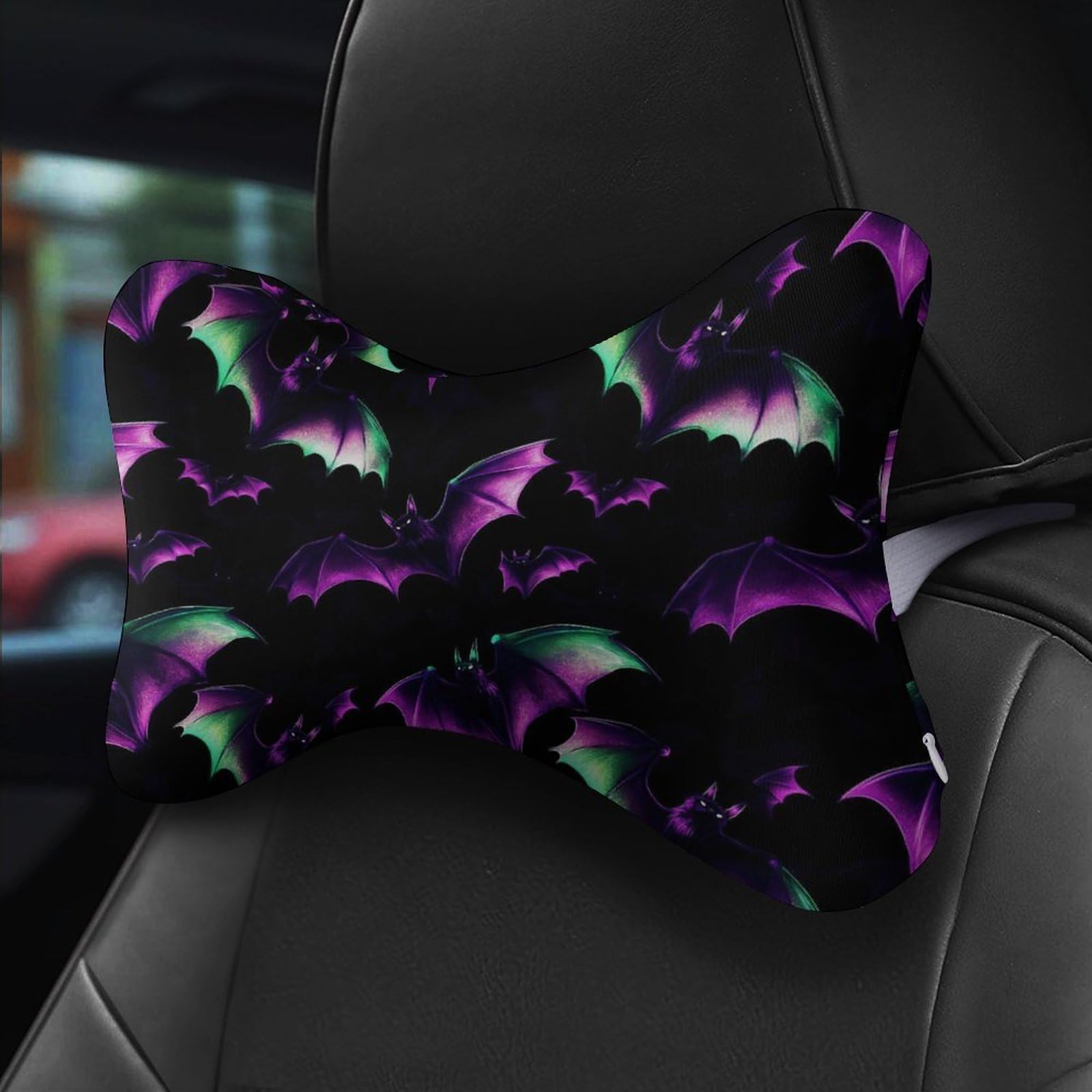 SMAZDFXX Halloween Colorful Neon Bats Car Neck Pillow Set of 2 Car Seat Head Support Cushion Bone Pillows with Elastic Strap