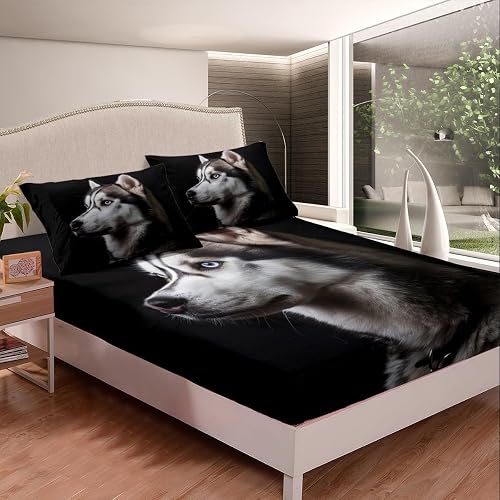 Kids Dog Printed Bedding Set Cute Black White Dog Fitted Sheet for Boys Girls 3D