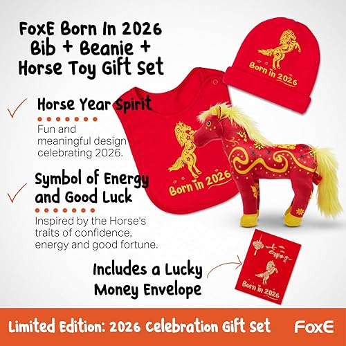 Miniatura 2 de FoxE Año del caballo Set de regalo nacido en 2026  babero, gorro y juguete de peluche  Unisex, 100% algodón, 0-24 meses  Regalos de Año Nuevo Chino