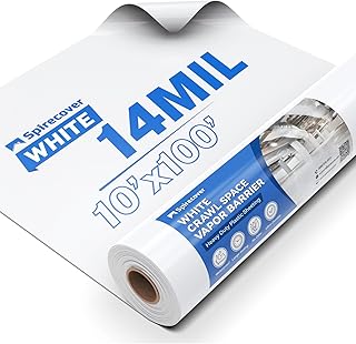 Crawl Space Vapor Barrier - 14 Mil White Vapor Barrier, 10' x 100', Heavy Duty Polyethylene Film, Thick Plastic Sheeting, Plastic Drop Cloth Covering for Crawl Space, Basement