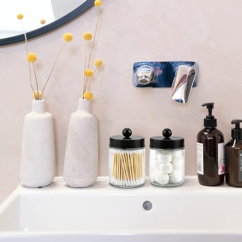 Miniatura 2 de Goramio Paquete de 4 tarros de boticario de vidrio con tapas para baño, bonito soporte para Qtip, juego de accesorios de baño negros, pequeños
