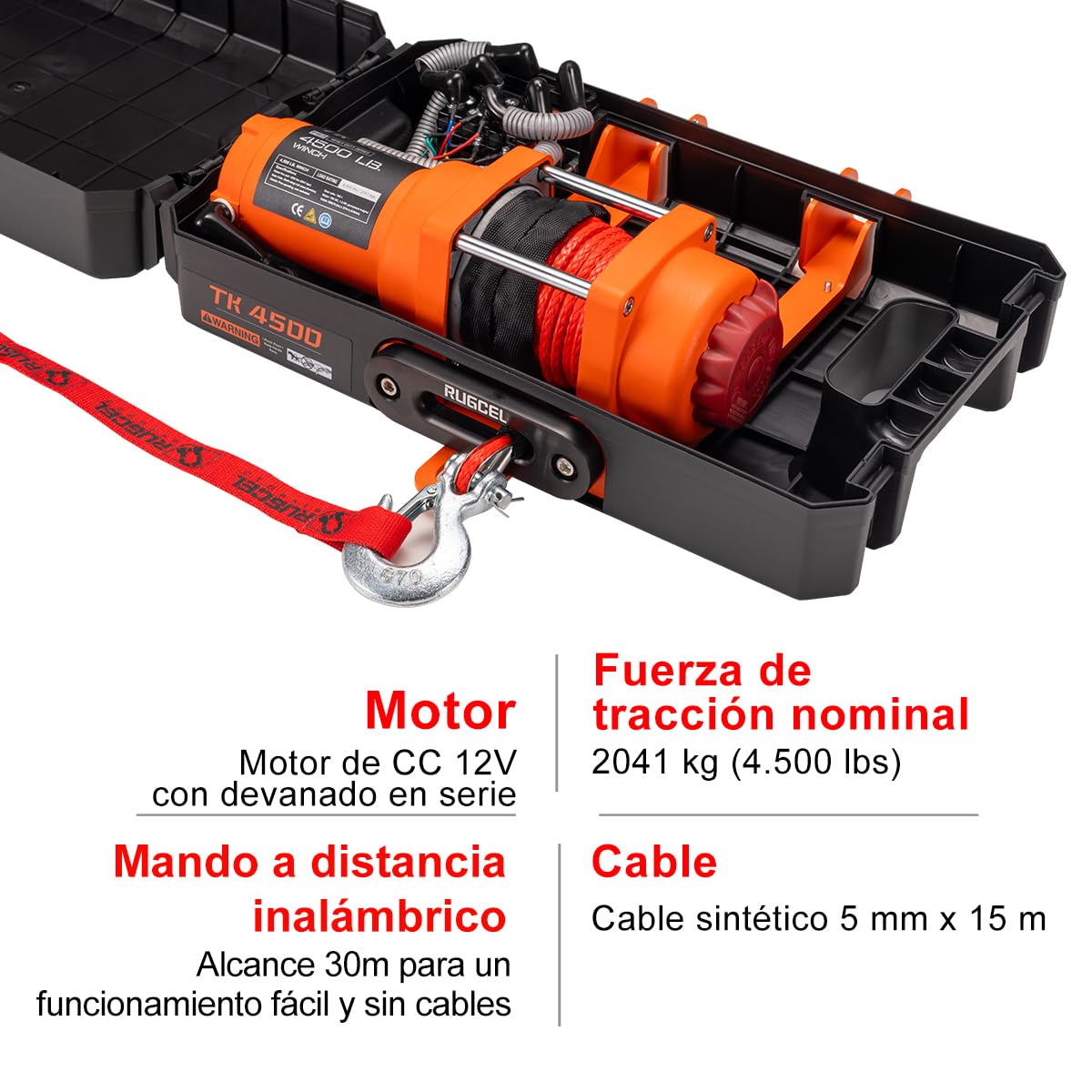 RUGCEL WINCH Cabrestante portátil 12V CC eléctrico de uso general, tracción de línea única de 4500 libras/2041 kg con placa de montaje de acero, guiacabos Hawse integrado y cuerda sintética, control