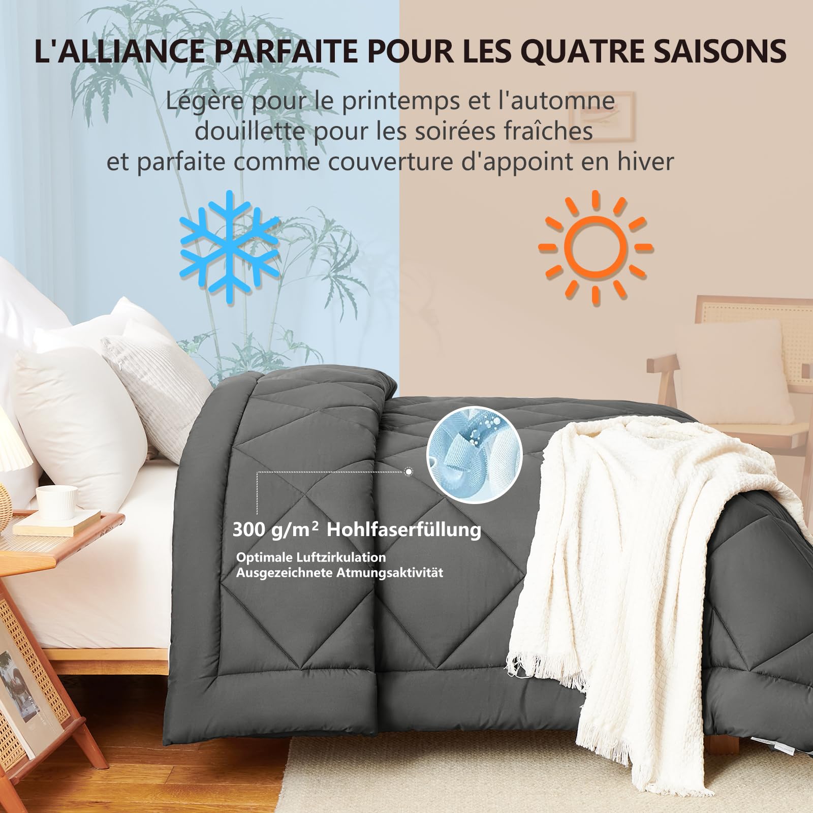 WAVVE Piumino Letto Matrimoniale Quattro 4 Stagioni 260x240 cm - Piumone 240x260 Invernale Autunnale - Trapunta 260 x 240 in Microfibra Sintetica,Grigio