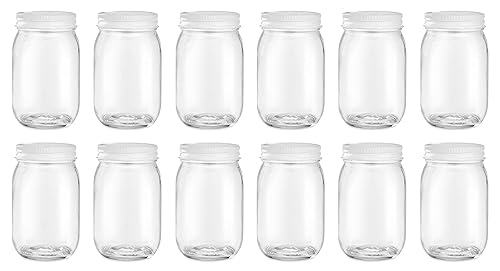 North Mountain Supply Tarros de conservas de vidrio de boca regular de 16 onzas, con tapas blancas de botón de seguridad, caja de 12