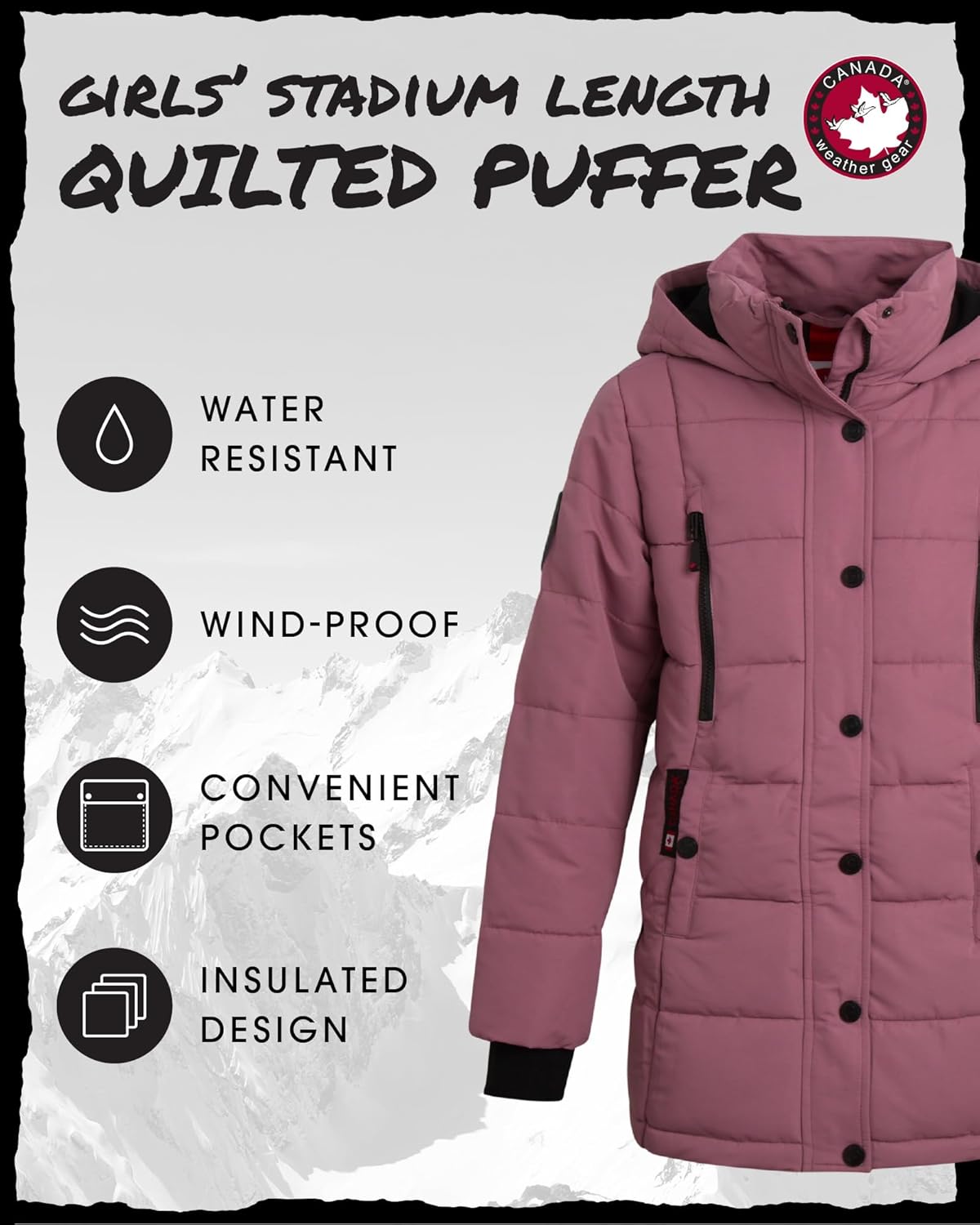 CANADA WEATHER GEAR Girls Winter Coat - Stadium Length Wind & Water Resistant Quilted Puffer Parka Kids Insulated Outerwear