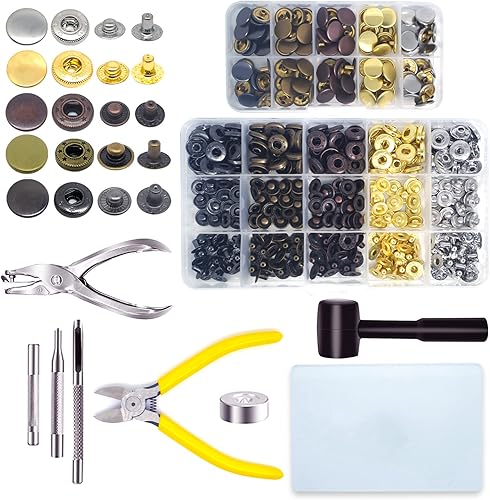 LIDA ORO Kit de cierre de cuero 100 juegos de botones de metal con herramientas de moda para ropa chaquetas jeans pulseras bolsas 5 colores 0492in
