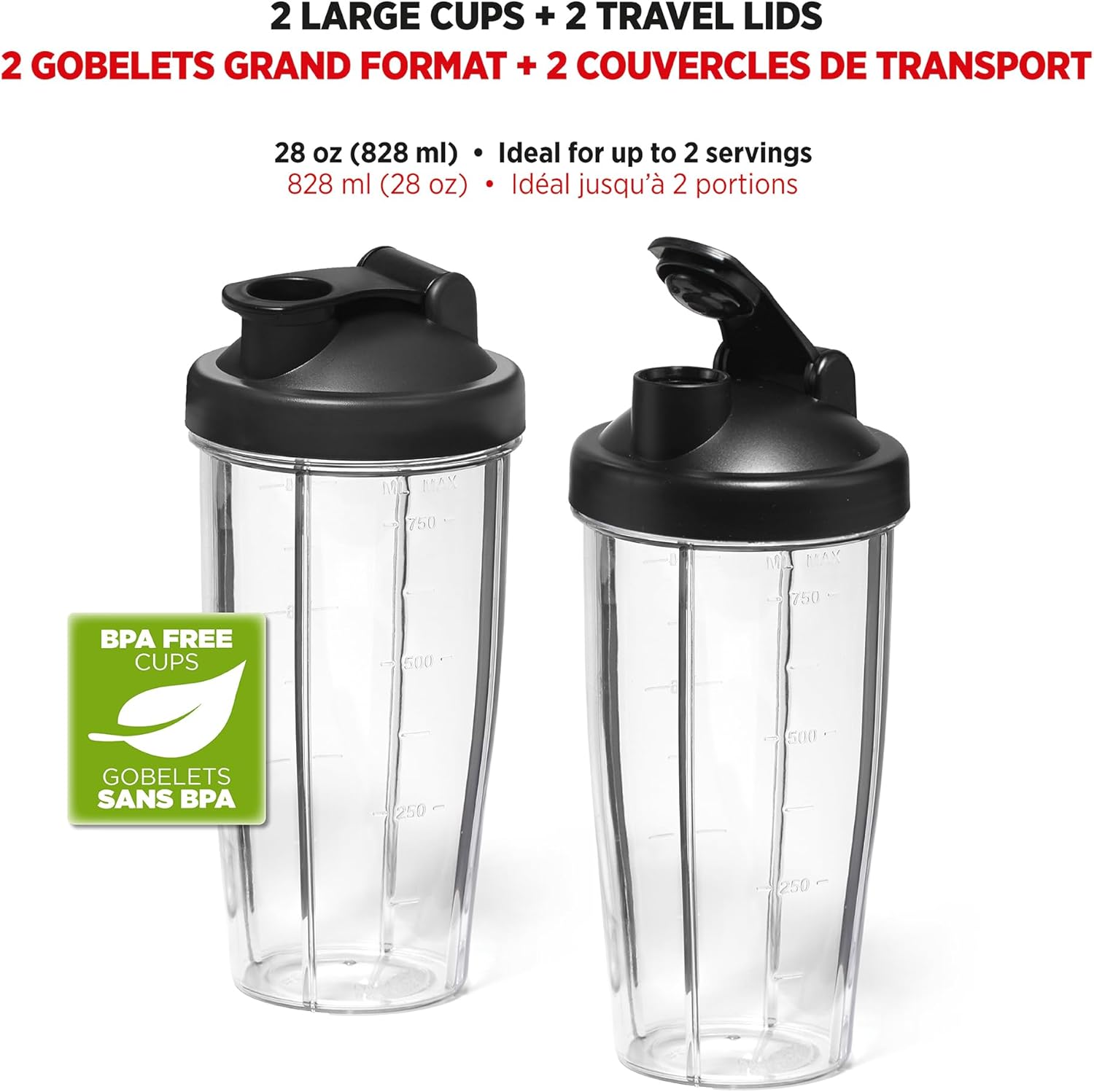 Two clear 828 ml (28 oz) blending cups with black travel lids, labeled BPA Free.