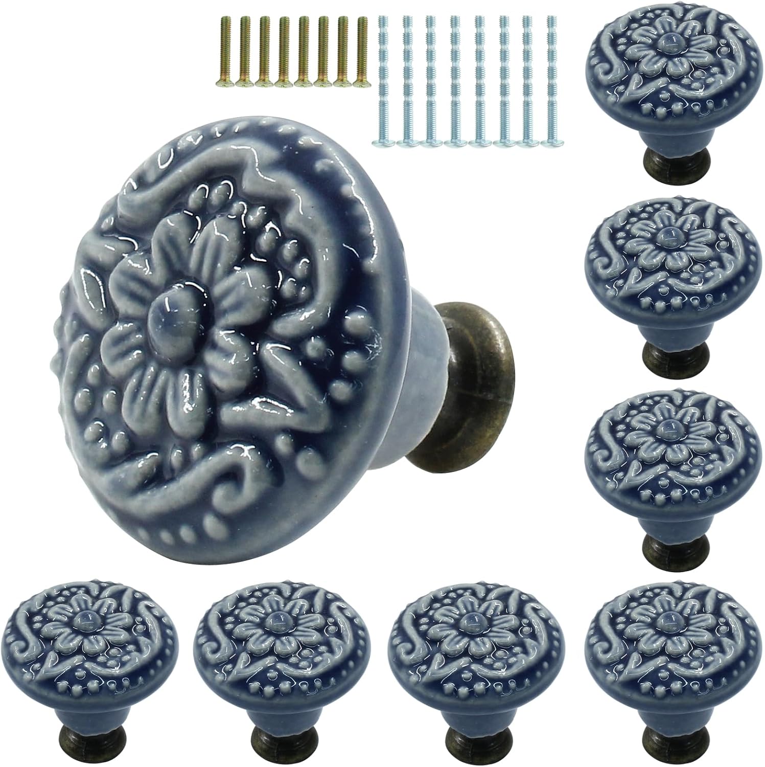 Murtenze 8PCS Greyish Blue Ceramic Knobs Vintage Handles, Decorative Kitchen Cabinet Knobs Pulls, Retro Ceramic Dresser Knobs for Furniture, Closet, Cupboard, Door Knobs