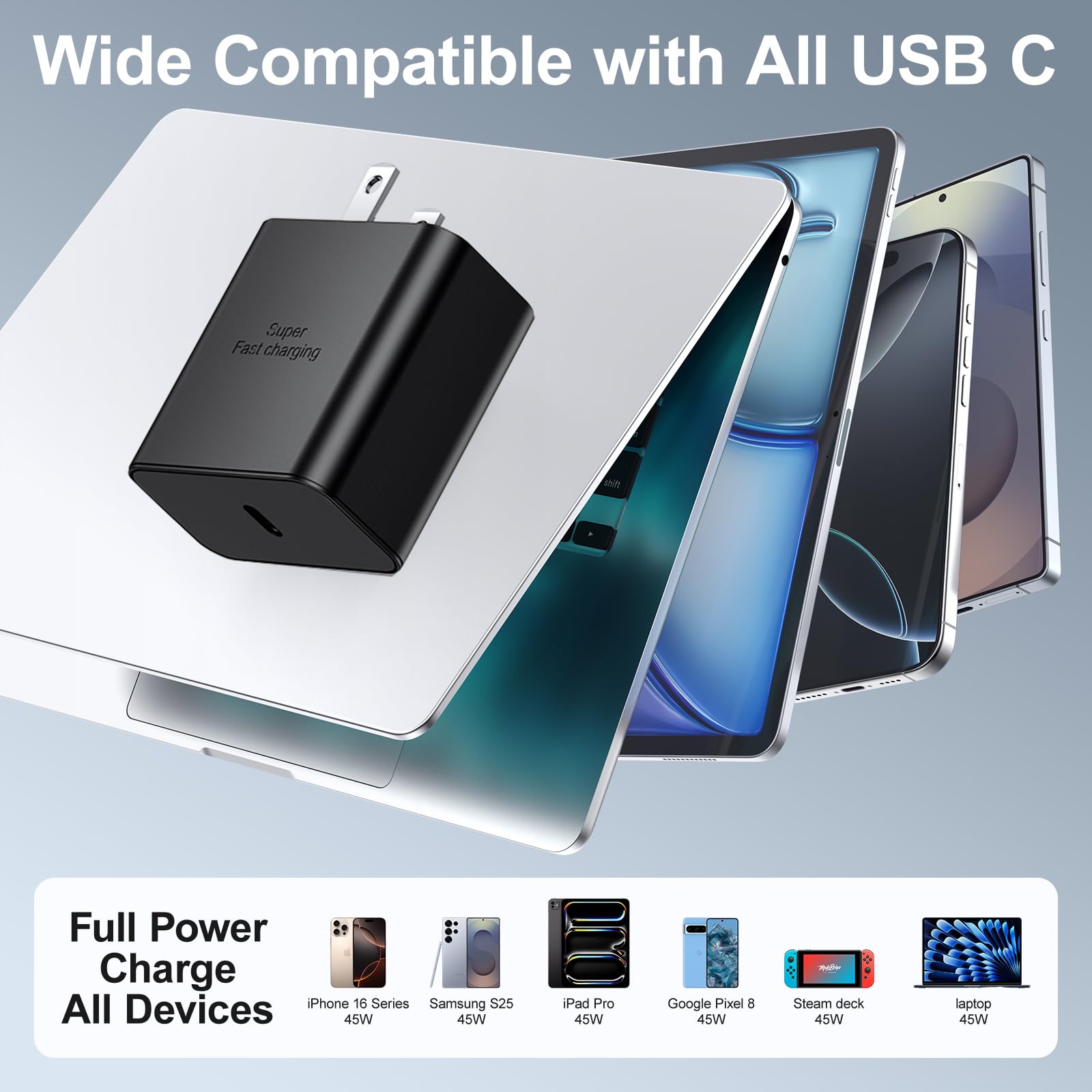 Caricatore super veloce da 45 W, USB C, USB-C, caricatore da parete con cavo di ricarica di tipo C da 0,9 m, per iPhone 16/16 Pro Max/15/15 Pro Max/15 Plus, Galaxy S25 Ultra/S25/S24, MacBook, iPad