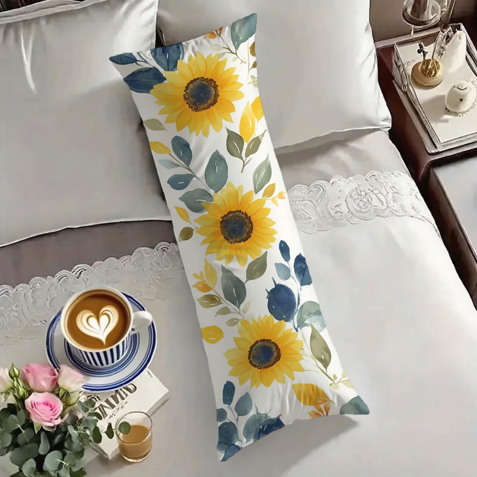 Housse traversin 60x180 cm turquoise tournesol avec fermeture éclair