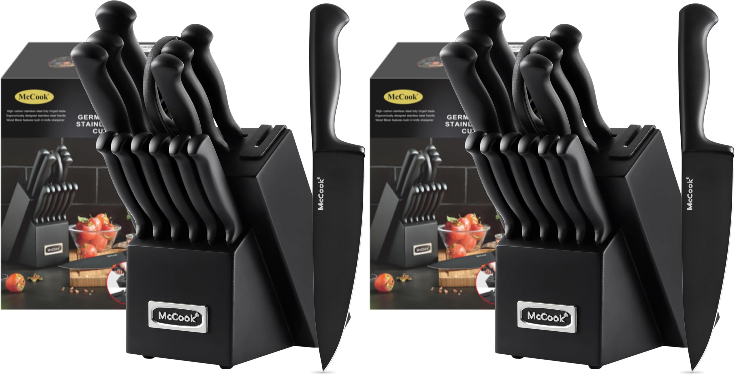 McCook® Knife Sets,German Stainless Steel Knife Block Sets with Built-in Sharpener, Black (Pack of 2)