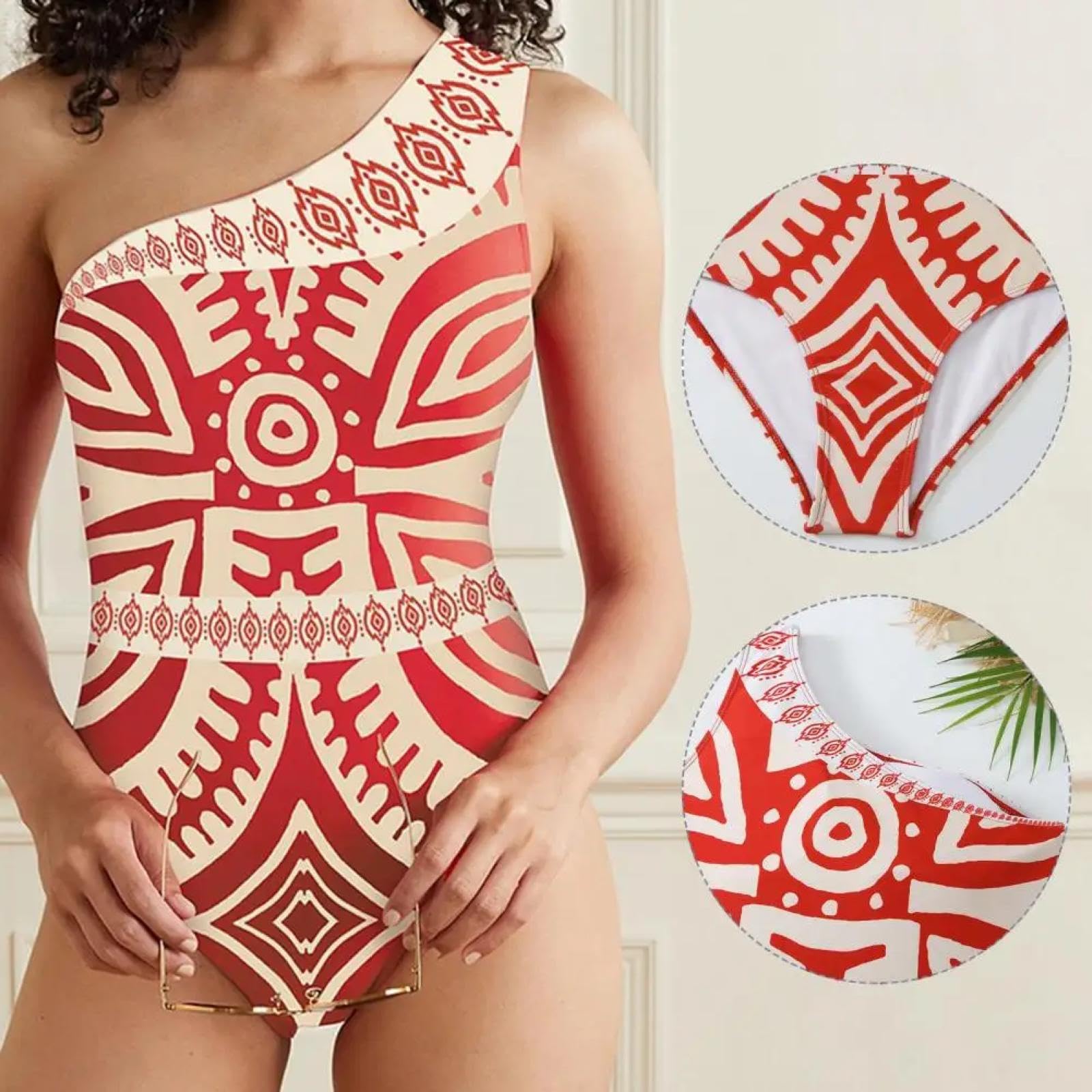 Bikini Costume da Bagno Monospalla da Donna con Stampa Geometrica Costume da Bagno con Stampa Pantaloni con Top Monospalla E Gamba Larga per Donna