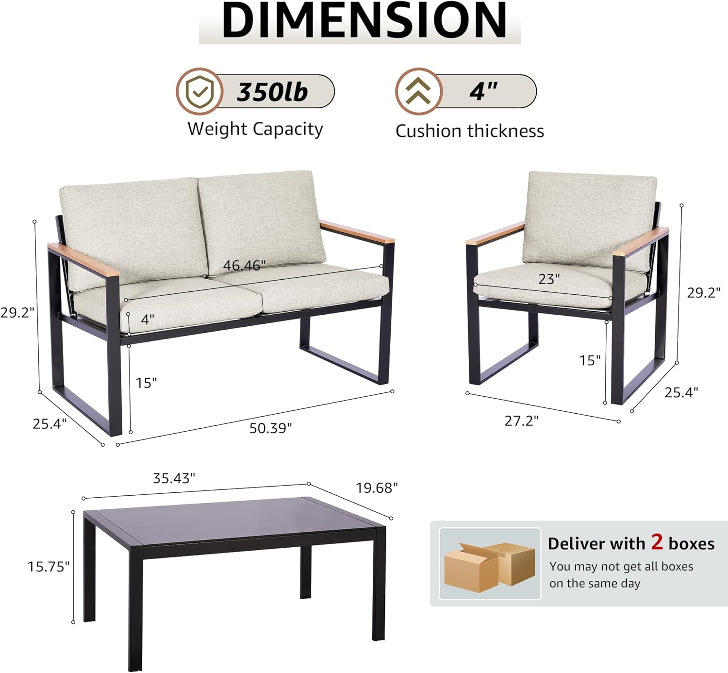 NATURAL EXPRESSIONS 4 Pieces Patio Furniture Sets,Metal Outdoor Patio Furniture Sets,Outdoor Sectional Patio Conversation Set,Wooden Anti-Scald Armrest,Sling Mesh,4" Olefin Cushions