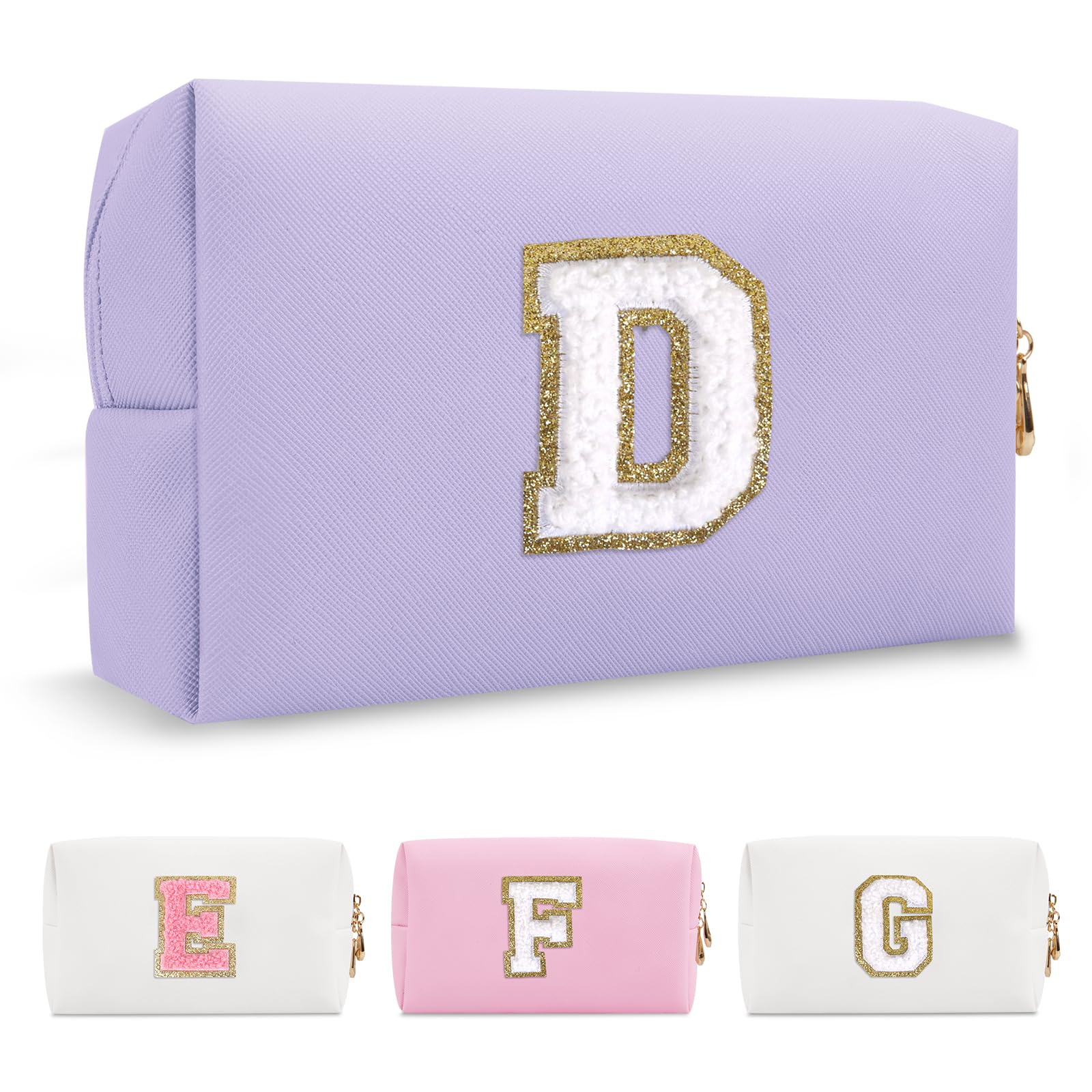 Personalized Makeup Bag Initial A-Z Preppy Patch Bag,Small PU Leather Travel Cosmetic Bag Pouch with Zipper,Purple Cute Toiletry Bag,Gift Ideal for