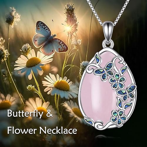 Miniatura 6 de AXELUNA Collar de cuarzo rosa de plata de ley con colgante de concha de abulón de mariposa y cristal curativo para mujer