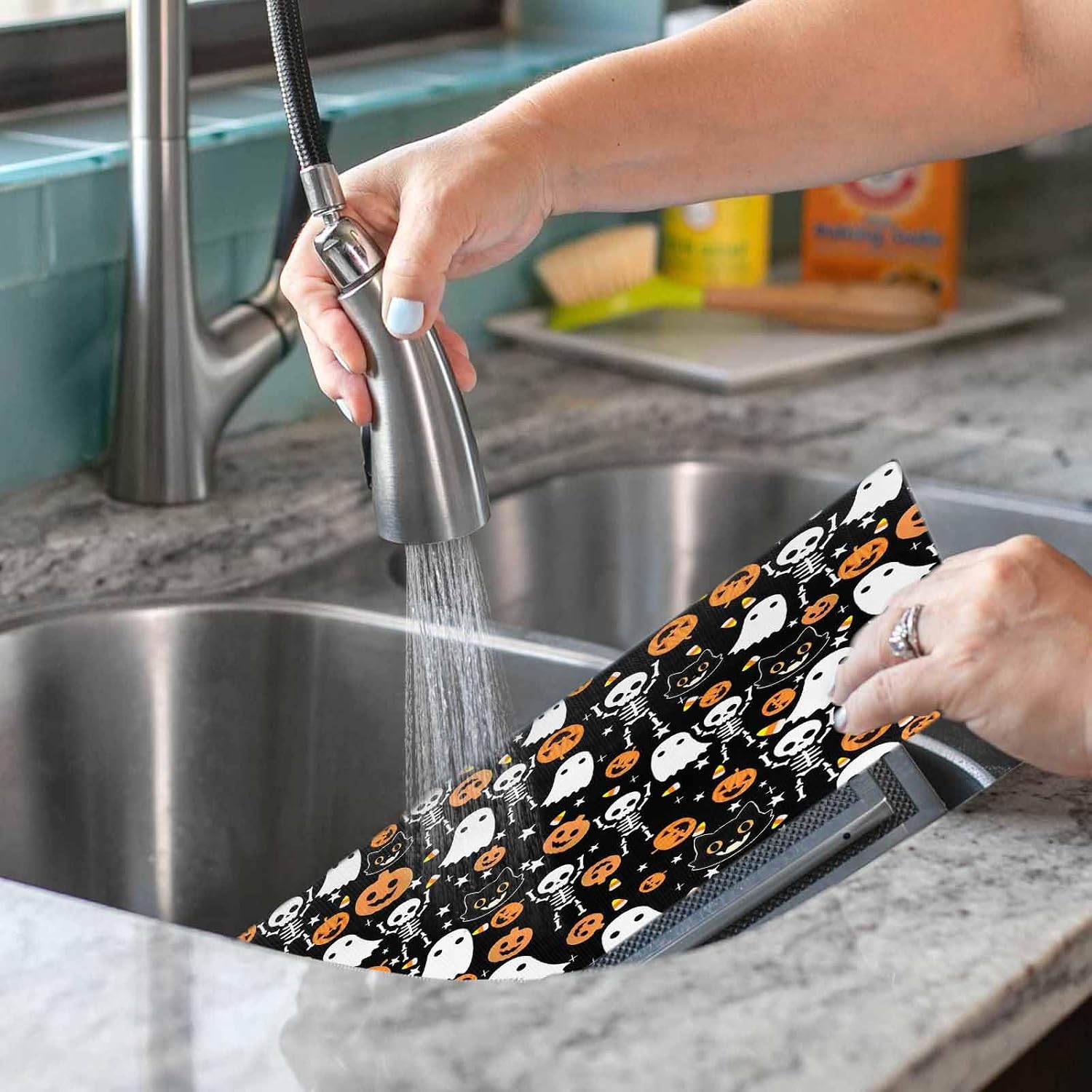 Halloween Placemats Set of 4, Washable PVC Kitchen Table Mats, Cute Black Cat Ghost Skeleton Pumpkin Candy Woven Vinyl Placemat for Dining Table