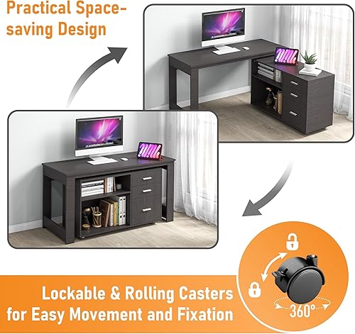 Miniatura 4 de MU Escritorio blanco en forma de L de 55 pulgadas, escritorio esquinero para computadora con 3 cajones y 2 estantes, mesa de oficina con archivador