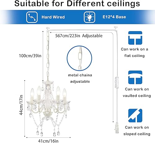 Miniatura 2 de Candelabros enchufables, lámpara de techo colgante de cristal acrílico de 4 luces blancas pequeñas con cable de 20 pies, sin cable duro, candelabros