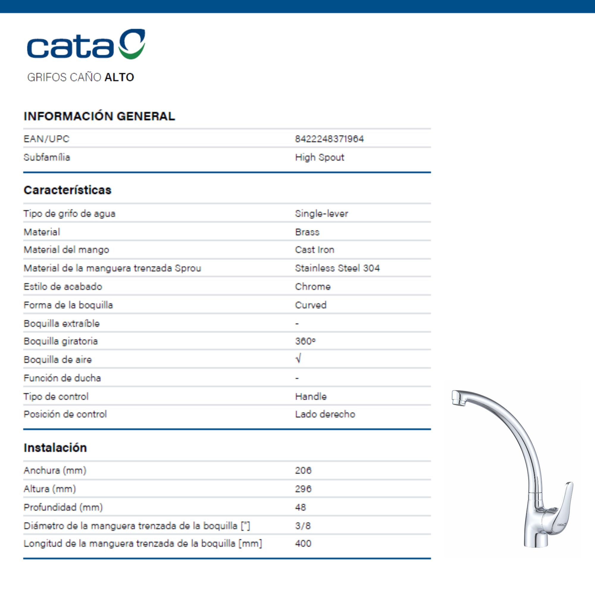 CATA Grifo De Cocina CBA CROMO/E Monomando Caño Alto Giratorio 360º Acero Inoxidable Aireador Anticalcáreo Cartucho Cerámico Apertura En Frío Reductor Caudal 5L Conexión Flexible Acabado Inox