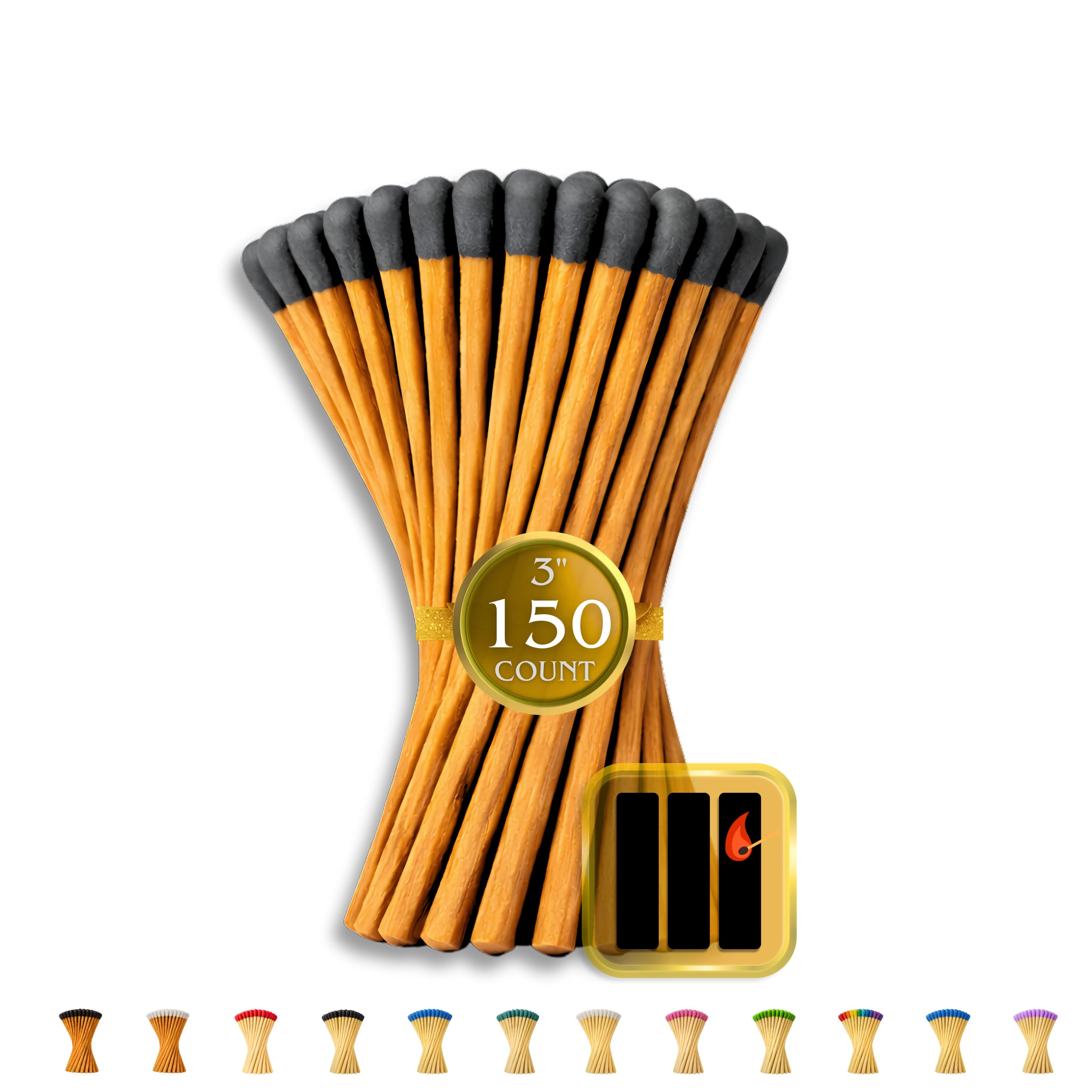 150 Count | 3" Brown &amp; Black Matches | Strikers Included | Color Tip Wooden Match | Refill for Matchstick Jars, Candle Display, Holders &amp; Bottles | 3 in inches Long
