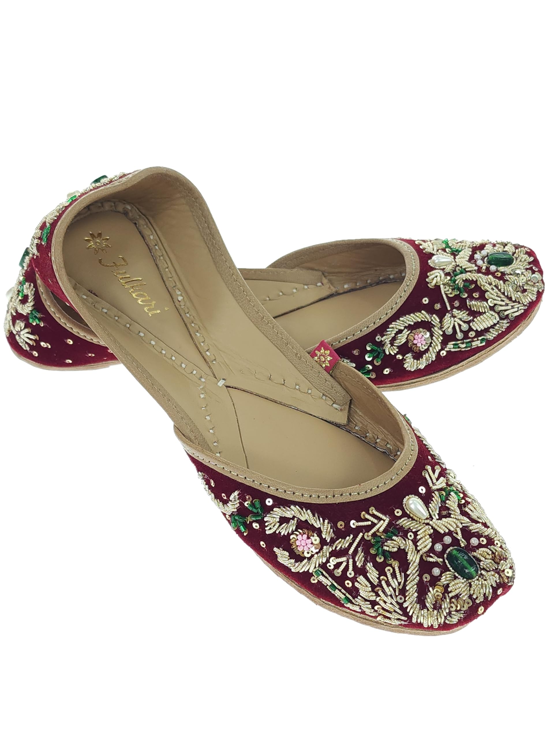 Women Sapphire Velvet Gold Toned Genuine Soft Leather Embroidered Jutis | Bite and Pinch Free Jutti | Punjabi Formal Juttis | Girl's Wedding Flat Ladies Mojari | Formal Ethnic Juti |-image-18