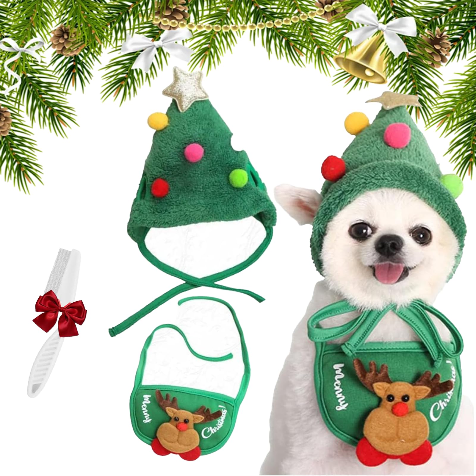 Adorable Christmas Tree Pom-Pom Hat, Adjustable Christmas Tree Hat for Dogs, Funny Soft Pet Xmas Hats, Santa Costume for Small Dog Cat (Green, M)