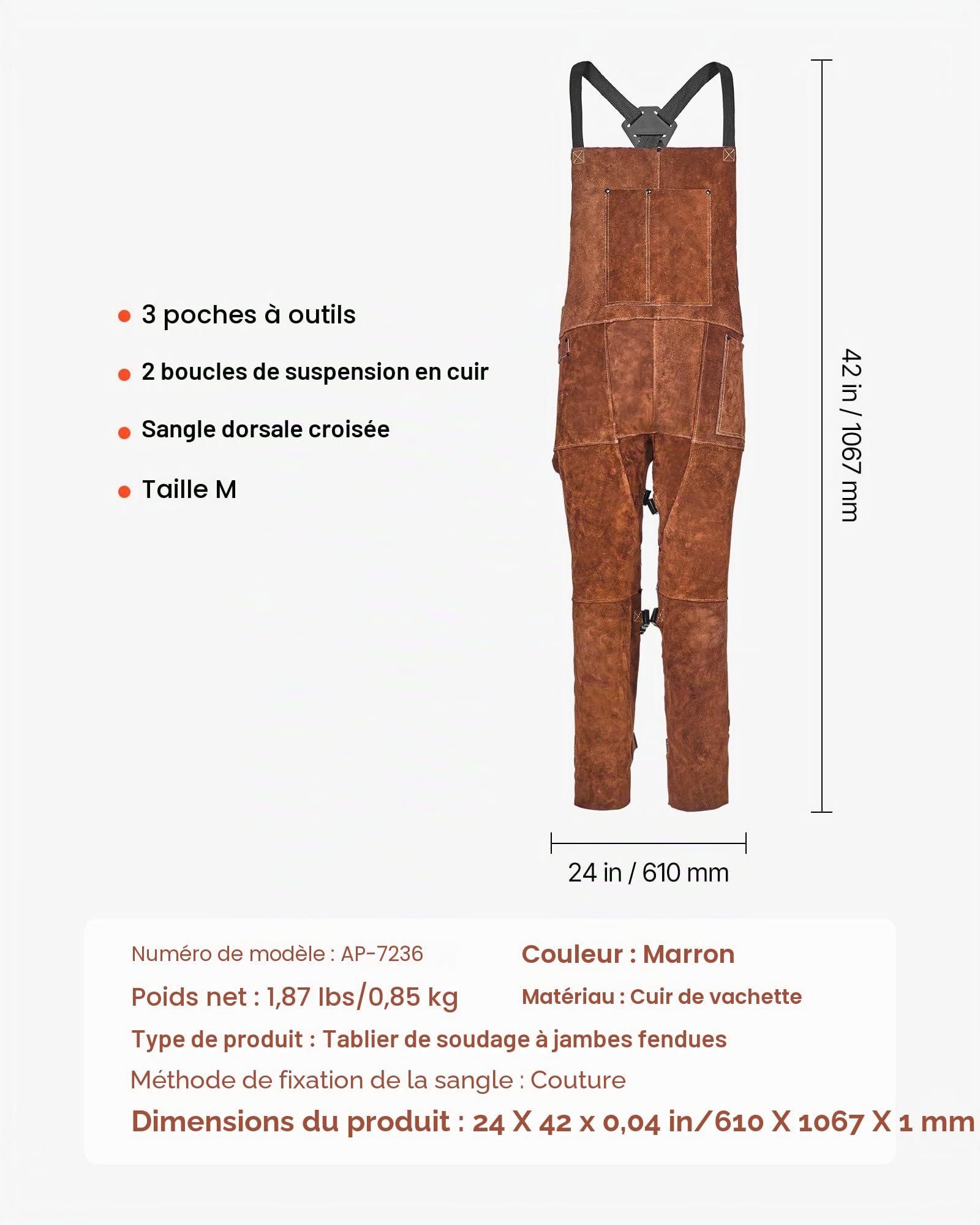 VEVOR Tablier de Soudage Jambe Fendue Pantalon de Soudage Cuir de Vachette Homme (lot de 1)