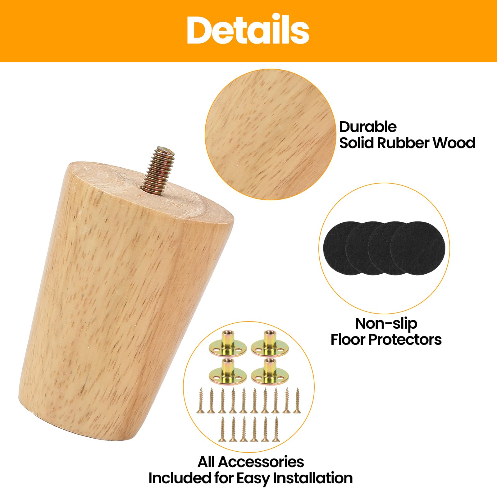 Luabue 3 inch Sofa Legs Set of 4 Wooden Furniture Legs 8cm Solid Wood Ottoman Leg Cabinet Feet Couch Leg Sofa Feet Replacement with Anti-Slip Floor Protection Pad & Screws for Couch TV Stand - Image 3
