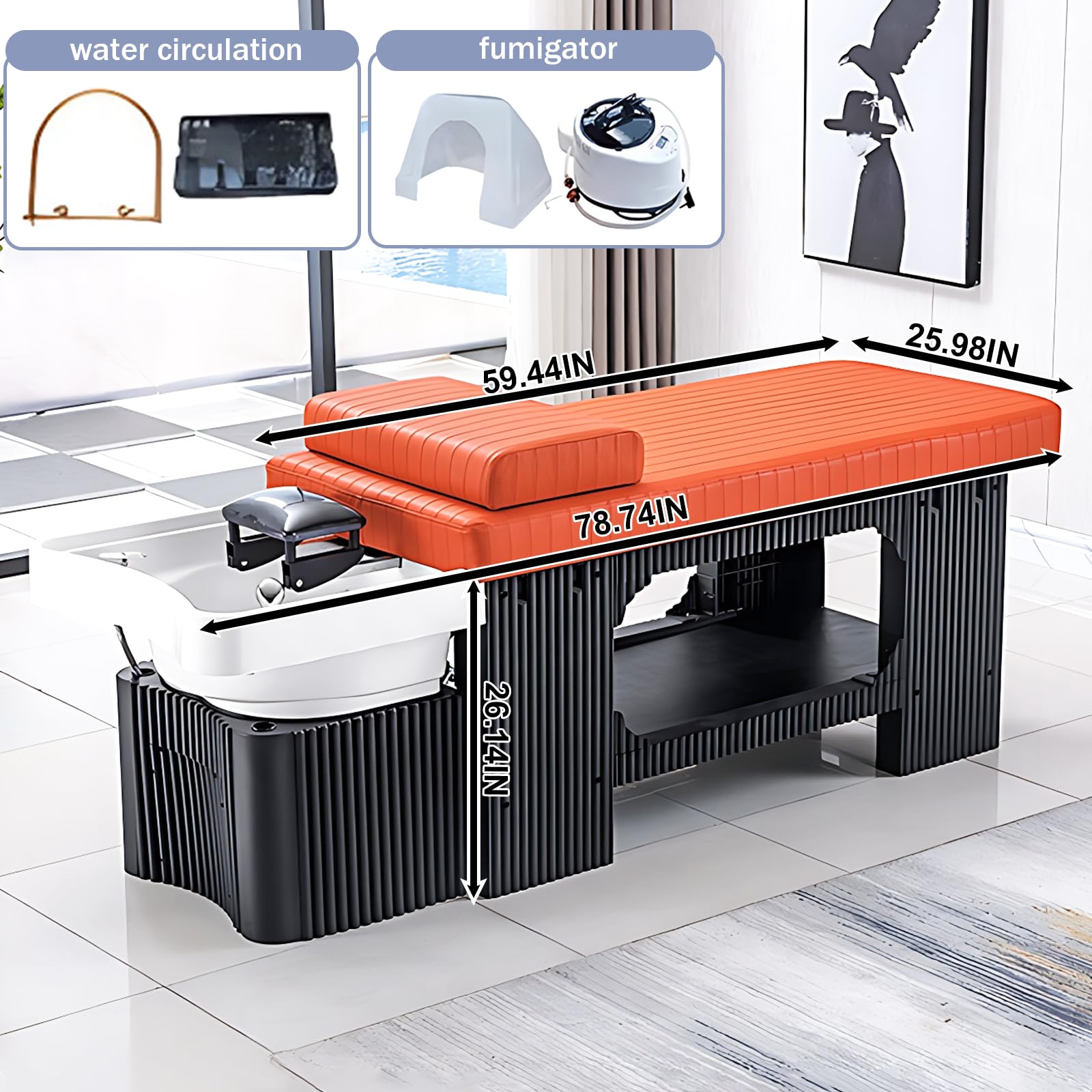 Cama de masaje con champú y cabezal tipo spa con espacio de almacenamiento