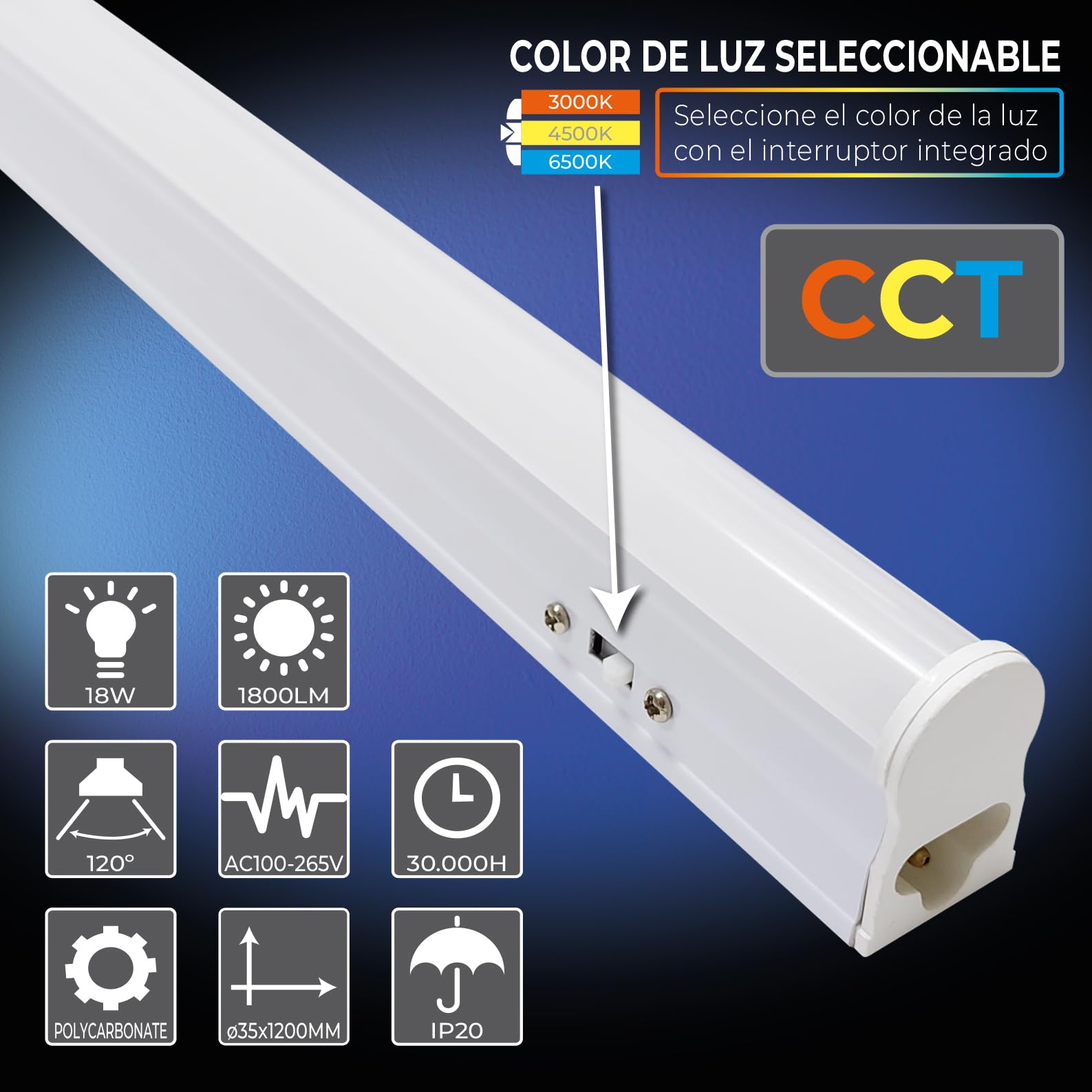 LED ATOMANT Tubo LED T5 120cm 18W, CCT (Selector de Color Blanco Calido, Neutro y Frio), Para armario, trastero o cocina.
