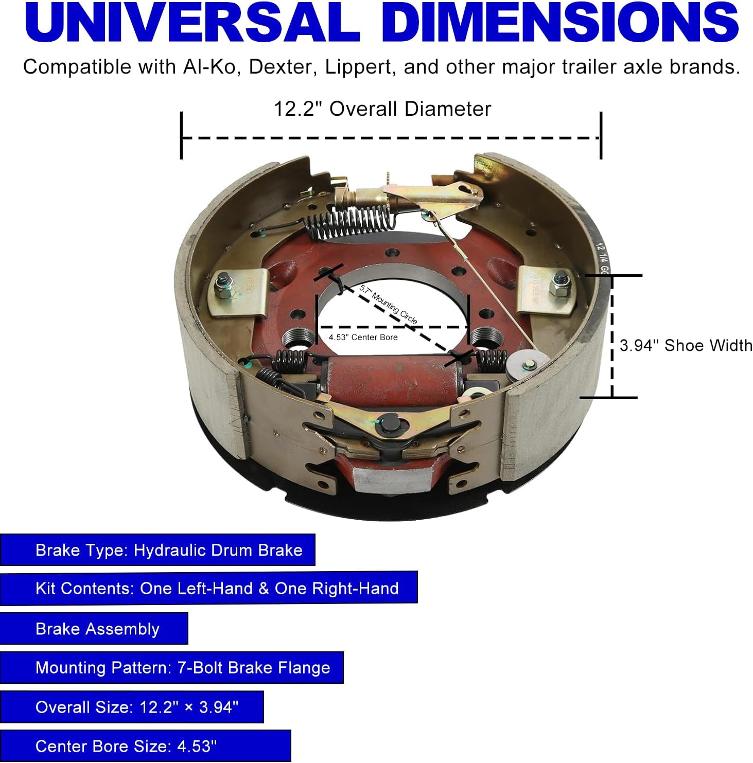 12.25" x 3.375" Hydraulic Trailer Brake – Self-Adjusting, Fits Dexter 9000–10,000lb Axles – 7 Bolt Mount – Replaces K23-410-00 and K23-411-00 (Left + Right Pair)